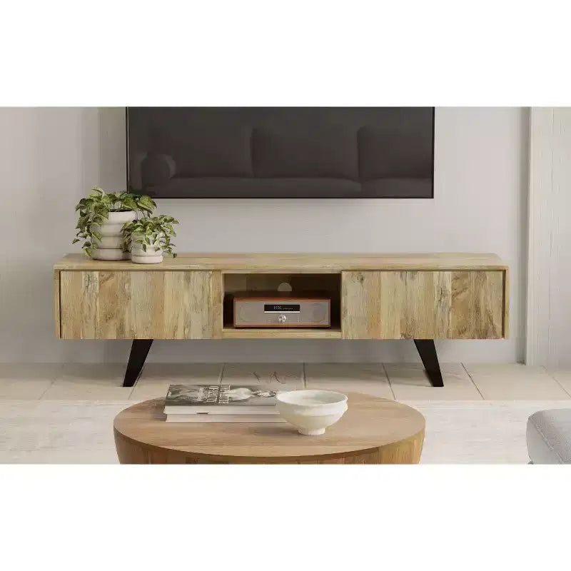 Meuble TV industriel moderne en bois massif Mitchell de 72 po de largeur pour téléviseurs jusqu'à 80 po