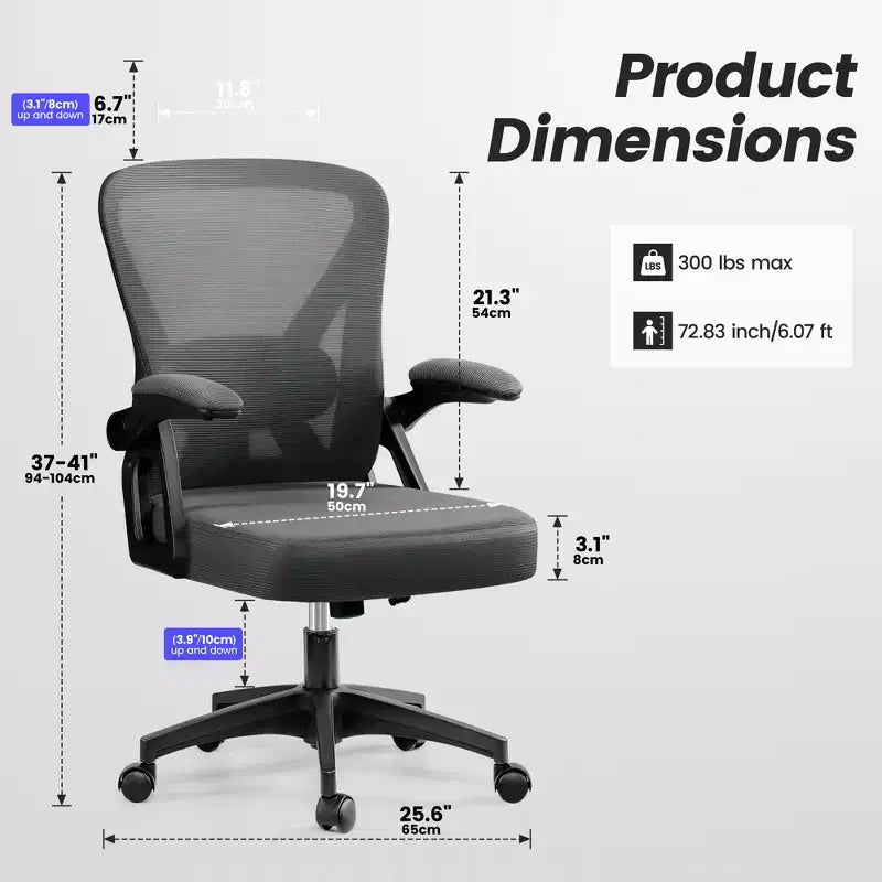 Chaise de bureau ergonomique KERDOM, Chaise de bureau en maille avec support lombaire et accoudoirs réglables, Noir