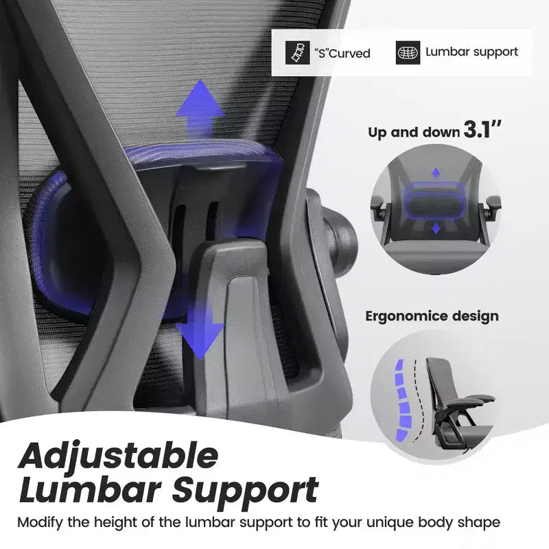 Chaise de bureau ergonomique KERDOM, Chaise de bureau en maille avec support lombaire et accoudoirs réglables, Noir