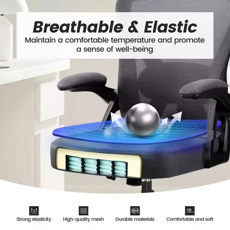 Chaise de bureau ergonomique KERDOM, Chaise de bureau en maille avec support lombaire et accoudoirs réglables, Noir