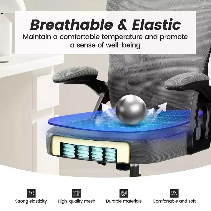 Chaise de bureau ergonomique KERDOM, Chaise de bureau en maille avec support lombaire et accoudoirs réglables, Noir