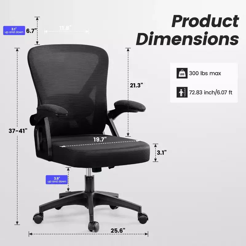 Chaise de bureau ergonomique KERDOM, Chaise de bureau en maille avec support lombaire et accoudoirs réglables, Noir