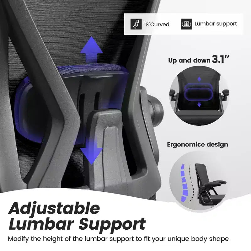 Chaise de bureau ergonomique KERDOM, Chaise de bureau en maille avec support lombaire et accoudoirs réglables, Noir