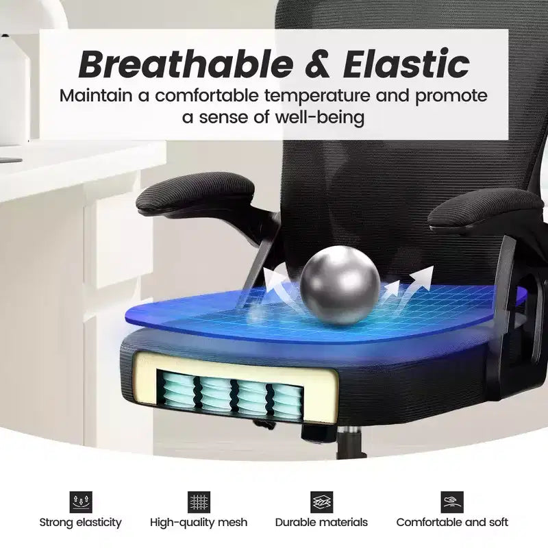 Chaise de bureau ergonomique KERDOM, Chaise de bureau en maille avec support lombaire et accoudoirs réglables, Noir