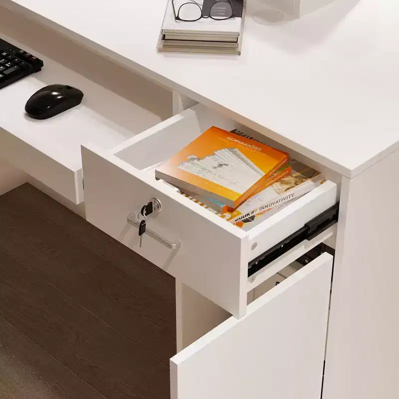 Comptoir de caisse/accueil multifonction blanc Hitow : Rangement verrouillable + Étagères d'affichage LED + Plateau de clavier Caisse/station d'accueil moderne