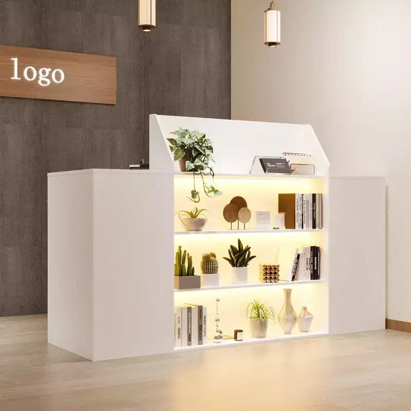 Comptoir de caisse/accueil multifonction blanc Hitow : Rangement verrouillable + Étagères d'affichage LED + Plateau de clavier Caisse/station d'accueil moderne