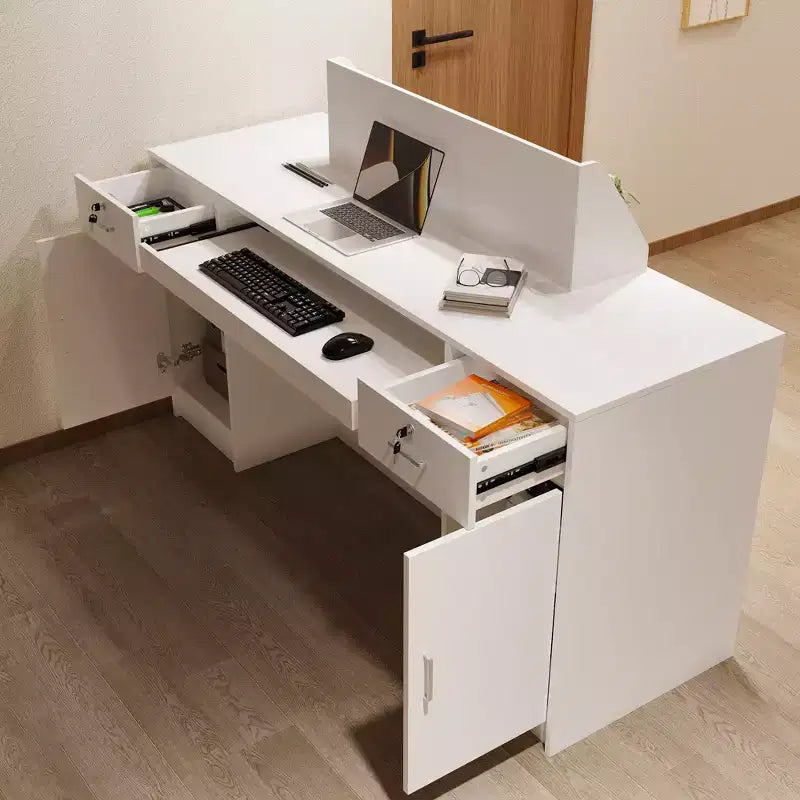 Comptoir de caisse/accueil multifonction blanc Hitow : Rangement verrouillable + Étagères d'affichage LED + Plateau de clavier Caisse/station d'accueil moderne