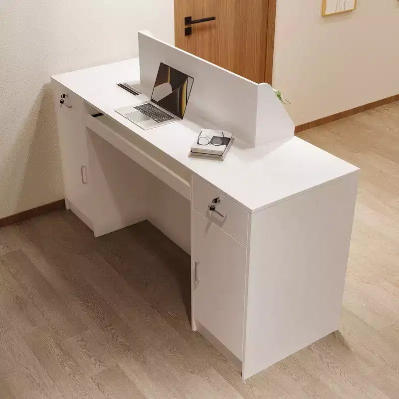Comptoir de caisse/accueil multifonction blanc Hitow : Rangement verrouillable + Étagères d'affichage LED + Plateau de clavier Caisse/station d'accueil moderne