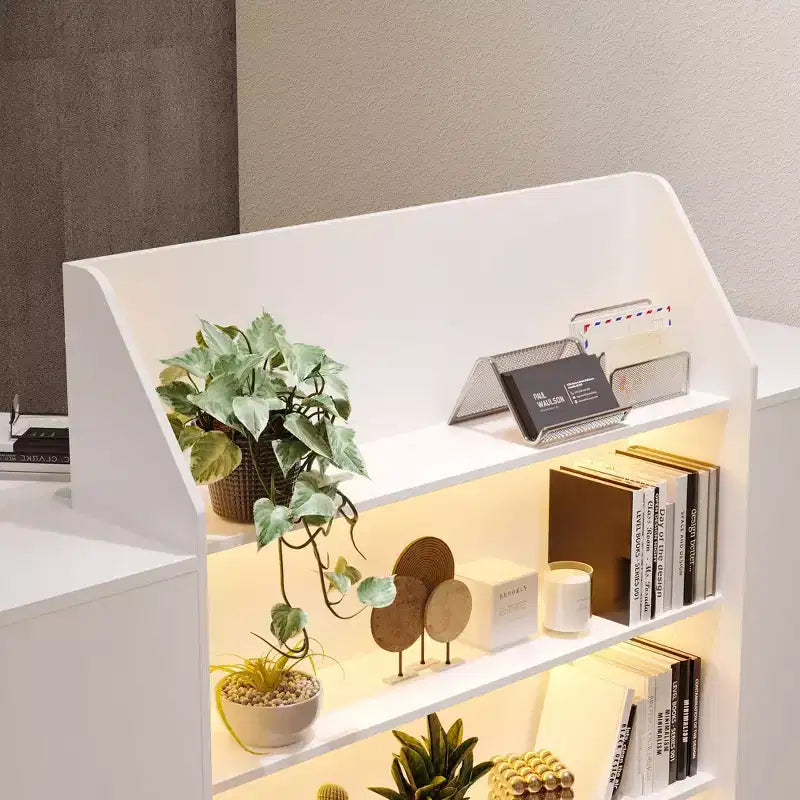 Comptoir de caisse/accueil multifonction blanc Hitow : Rangement verrouillable + Étagères d'affichage LED + Plateau de clavier Caisse/station d'accueil moderne