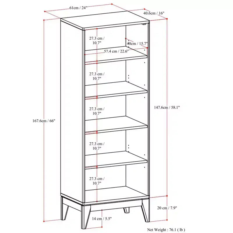 Bibliothèque Pearson en BOIS MASSIF de 168 cm x 61 cm, style Mid-Century, 5 étagères