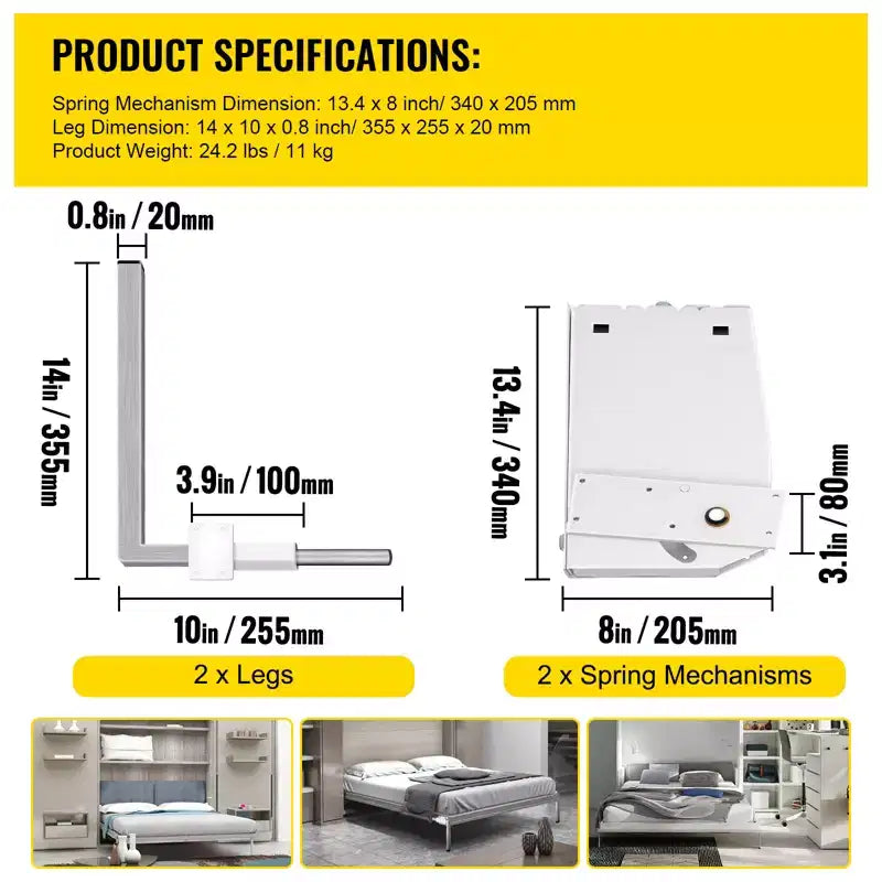 VEVOR Mécanisme de Ressorts Muraux Murphy, Kit de Quincaillerie de Support Robuste Bricolage pour Lit King Size Queen Size (Vertical), Blanc
