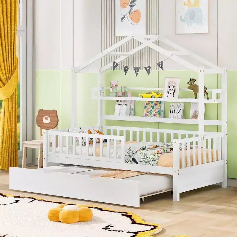 Whisen Twin size Wooden House Bed Frame, Kids Bed with Trundle, Shelf, Safe Guardrails