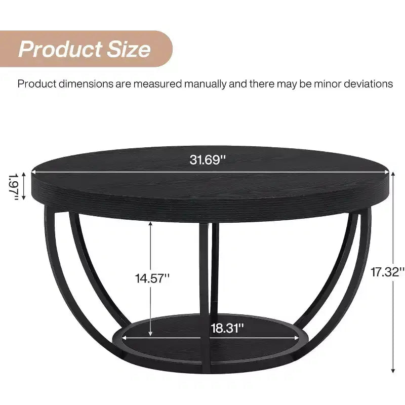 Table Basse Ronde Lantine, Table Basse de Ferme Circulaire de 81 cm pour Salon, Table Centrale d'Appoint Moderne à 2 Niveaux en Bois avec Étagères de Rangement Ouvertes, Noir