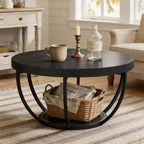 Table Basse Ronde Lantine, Table Basse de Ferme Circulaire de 81 cm pour Salon, Table Centrale d'Appoint Moderne à 2 Niveaux en Bois avec Étagères de Rangement Ouvertes, Noir