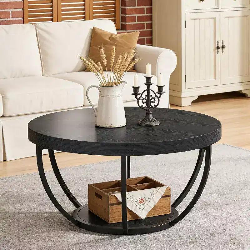 Table Basse Ronde Lantine, Table Basse de Ferme Circulaire de 81 cm pour Salon, Table Centrale d'Appoint Moderne à 2 Niveaux en Bois avec Étagères de Rangement Ouvertes, Noir