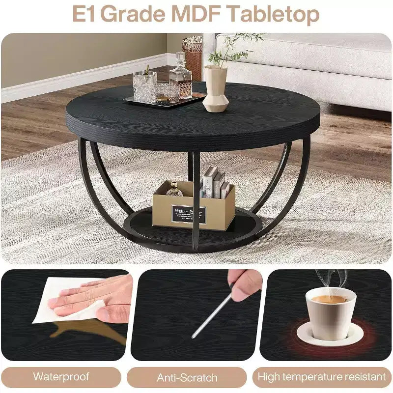 Table Basse Ronde Lantine, Table Basse de Ferme Circulaire de 81 cm pour Salon, Table Centrale d'Appoint Moderne à 2 Niveaux en Bois avec Étagères de Rangement Ouvertes, Noir