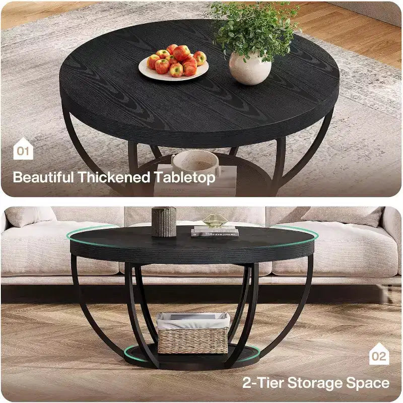 Table Basse Ronde Lantine, Table Basse de Ferme Circulaire de 81 cm pour Salon, Table Centrale d'Appoint Moderne à 2 Niveaux en Bois avec Étagères de Rangement Ouvertes, Noir