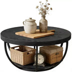 Table Basse Ronde Lantine, Table Basse de Ferme Circulaire de 81 cm pour Salon, Table Centrale d'Appoint Moderne à 2 Niveaux en Bois avec Étagères de Rangement Ouvertes, Noir