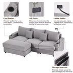 MAYEERTY 95.3 Canapé d'angle moderne 3 places avec ottoman de rangement Deux ports Deux porte-gobelets pour salon Gris