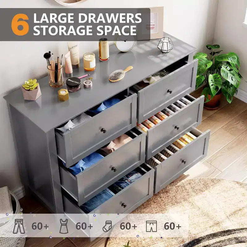 53,9 Commode de style champêtre à 6 tiroirs, grande commode de rangement en bois avec tiroirs profonds pour chambre à coucher, salon et couloir