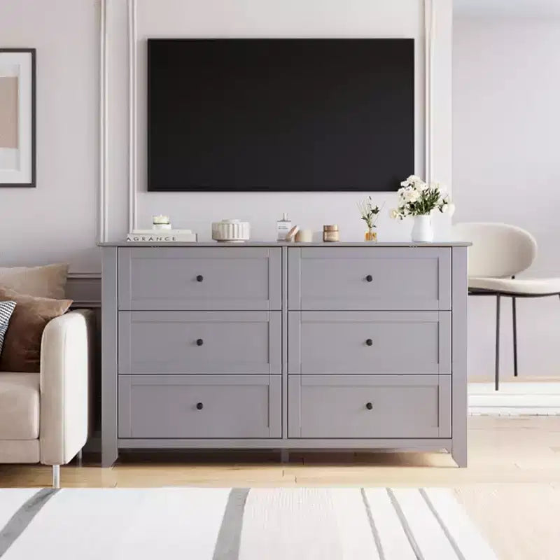 53,9 Commode de style champêtre à 6 tiroirs, grande commode de rangement en bois avec tiroirs profonds pour chambre à coucher, salon et couloir