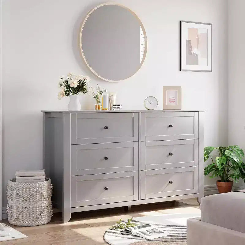53,9 Commode de style champêtre à 6 tiroirs, grande commode de rangement en bois avec tiroirs profonds pour chambre à coucher, salon et couloir
