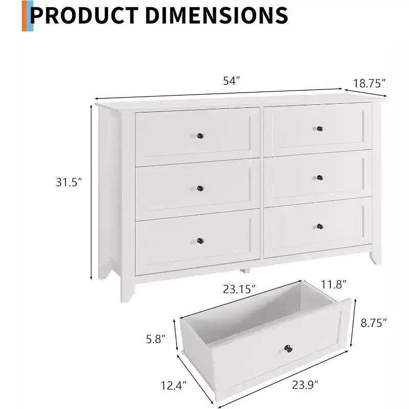 53,9 Commode de style champêtre à 6 tiroirs, grande commode de rangement en bois avec tiroirs profonds pour chambre à coucher, salon et couloir