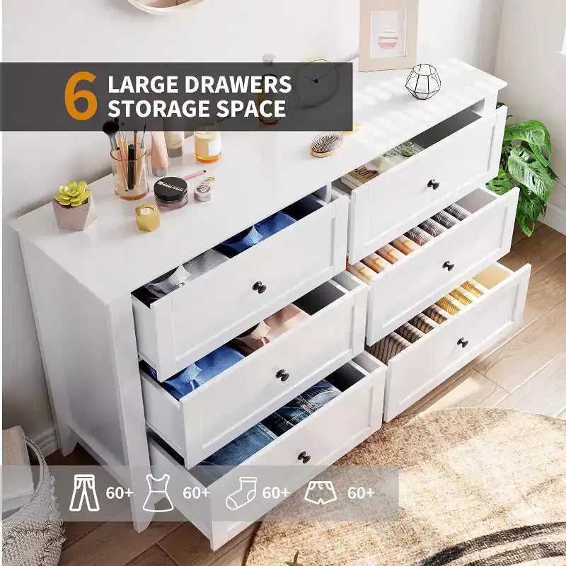 53,9 Commode de style champêtre à 6 tiroirs, grande commode de rangement en bois avec tiroirs profonds pour chambre à coucher, salon et couloir