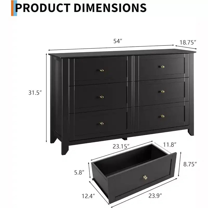 53,9 Commode de style champêtre à 6 tiroirs, grande commode de rangement en bois avec tiroirs profonds pour chambre à coucher, salon et couloir
