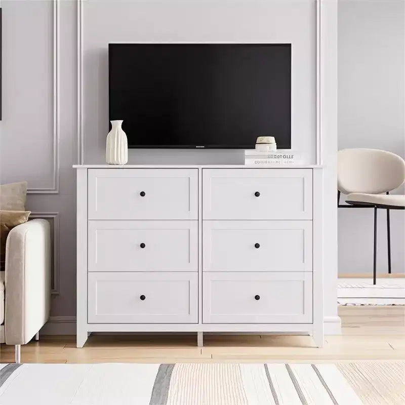 53,9 Commode de style champêtre à 6 tiroirs, grande commode de rangement en bois avec tiroirs profonds pour chambre à coucher, salon et couloir