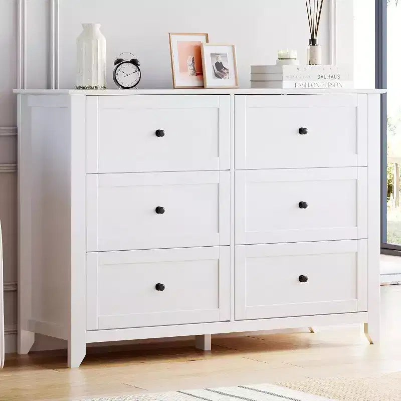 53,9 Commode de style champêtre à 6 tiroirs, grande commode de rangement en bois avec tiroirs profonds pour chambre à coucher, salon et couloir