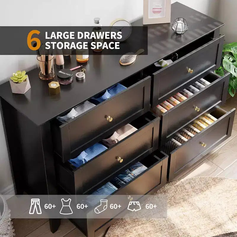 53,9 Commode de style champêtre à 6 tiroirs, grande commode de rangement en bois avec tiroirs profonds pour chambre à coucher, salon et couloir
