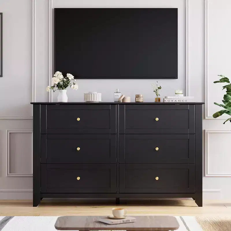 53,9 Commode de style champêtre à 6 tiroirs, grande commode de rangement en bois avec tiroirs profonds pour chambre à coucher, salon et couloir