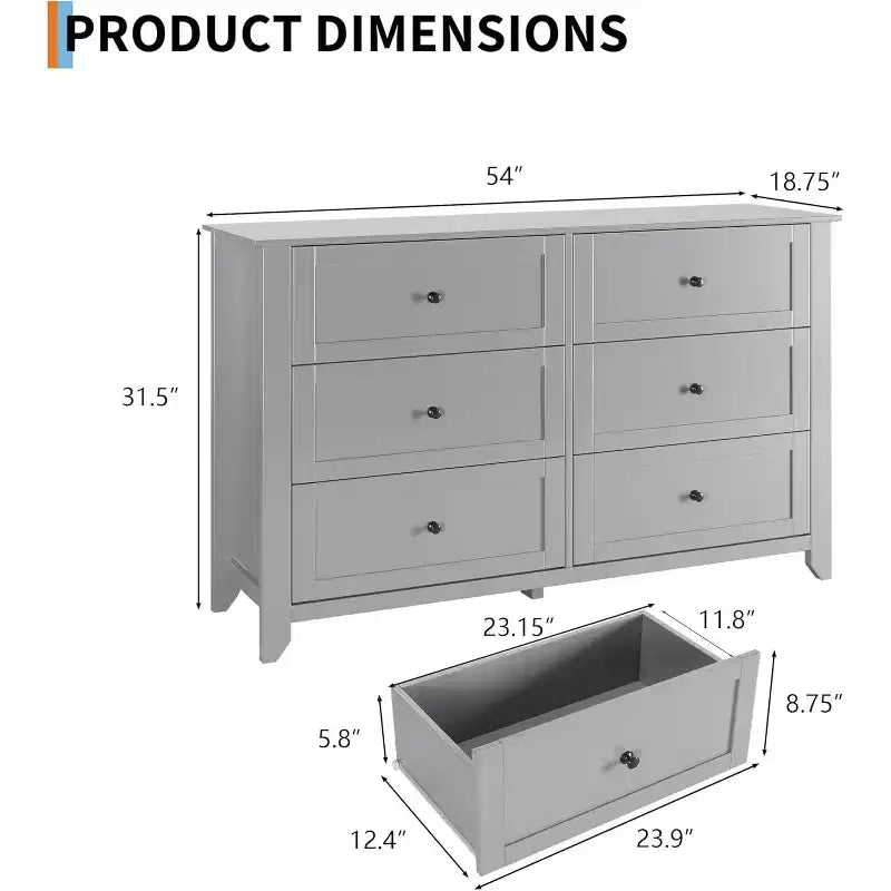 53,9 Commode de style champêtre à 6 tiroirs, grande commode de rangement en bois avec tiroirs profonds pour chambre à coucher, salon et couloir