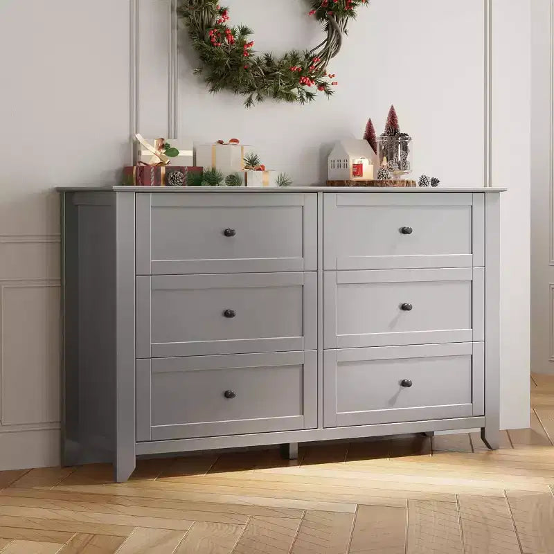 53,9 Commode de style champêtre à 6 tiroirs, grande commode de rangement en bois avec tiroirs profonds pour chambre à coucher, salon et couloir