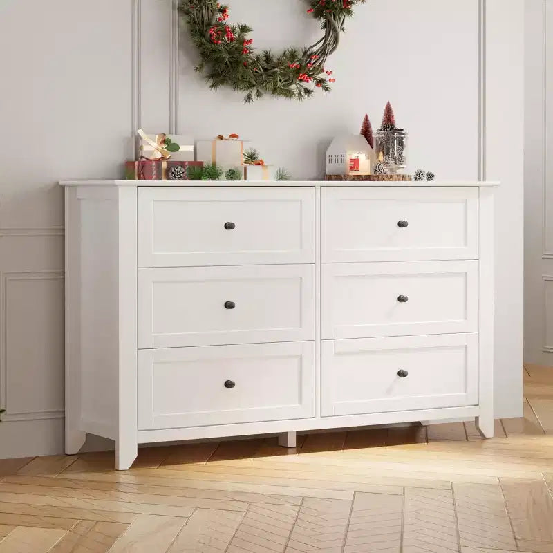 53,9 Commode de style champêtre à 6 tiroirs, grande commode de rangement en bois avec tiroirs profonds pour chambre à coucher, salon et couloir