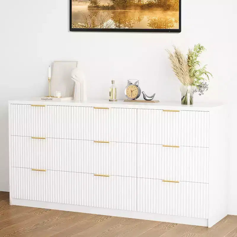 White 9 Drawer Dresser for Bedroom, 63 Wide Fluted Dresser with Smooth Slides, Modern Chest of Drawers with Golden Handles for Bedroom
