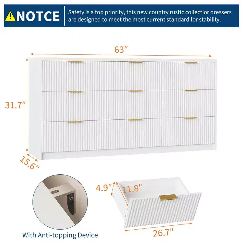 Commode Blanche à 9 Tiroirs pour Chambre, Commode Cannelée de 160 cm de Large avec Glissières Douces, Commode Moderne avec Poignées Dorées pour Chambre