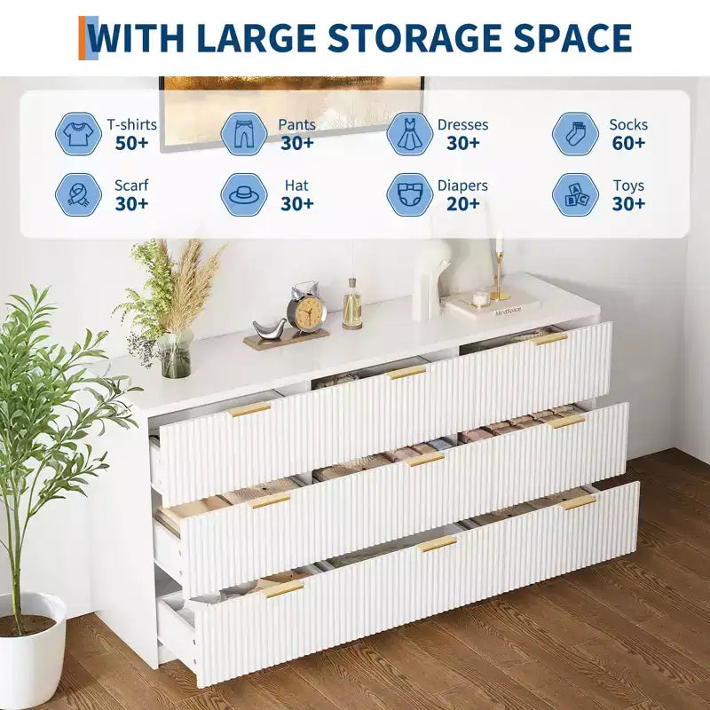 Commode Blanche à 9 Tiroirs pour Chambre, Commode Cannelée de 160 cm de Large avec Glissières Douces, Commode Moderne avec Poignées Dorées pour Chambre