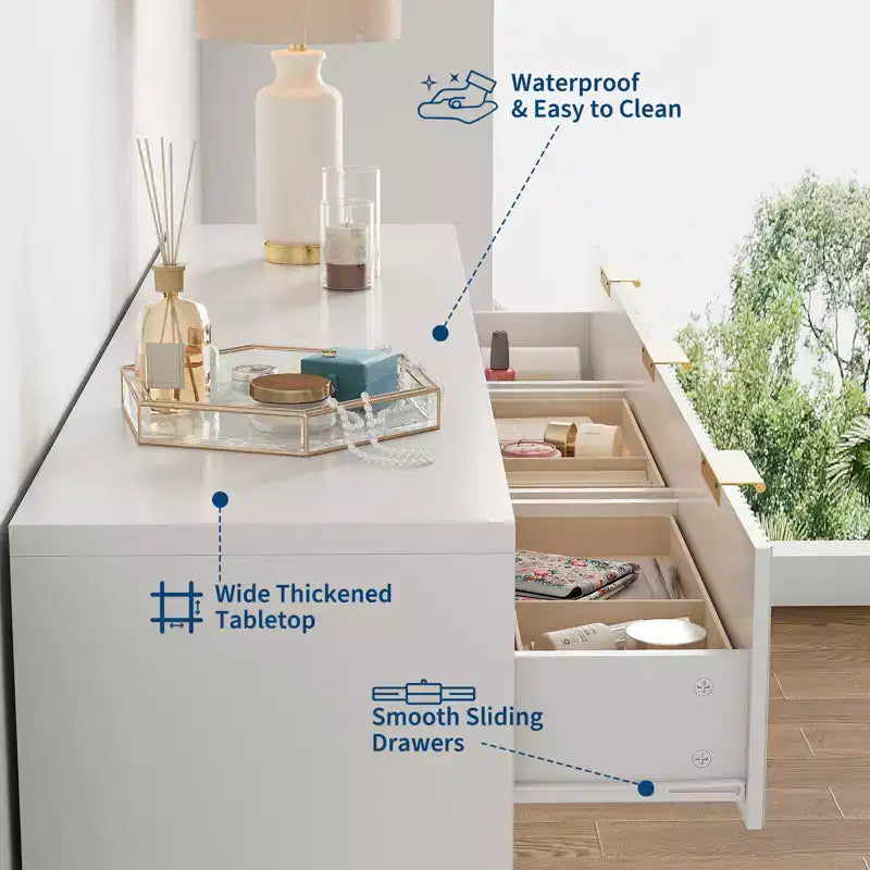 Commode Blanche à 9 Tiroirs pour Chambre, Commode Cannelée de 160 cm de Large avec Glissières Douces, Commode Moderne avec Poignées Dorées pour Chambre