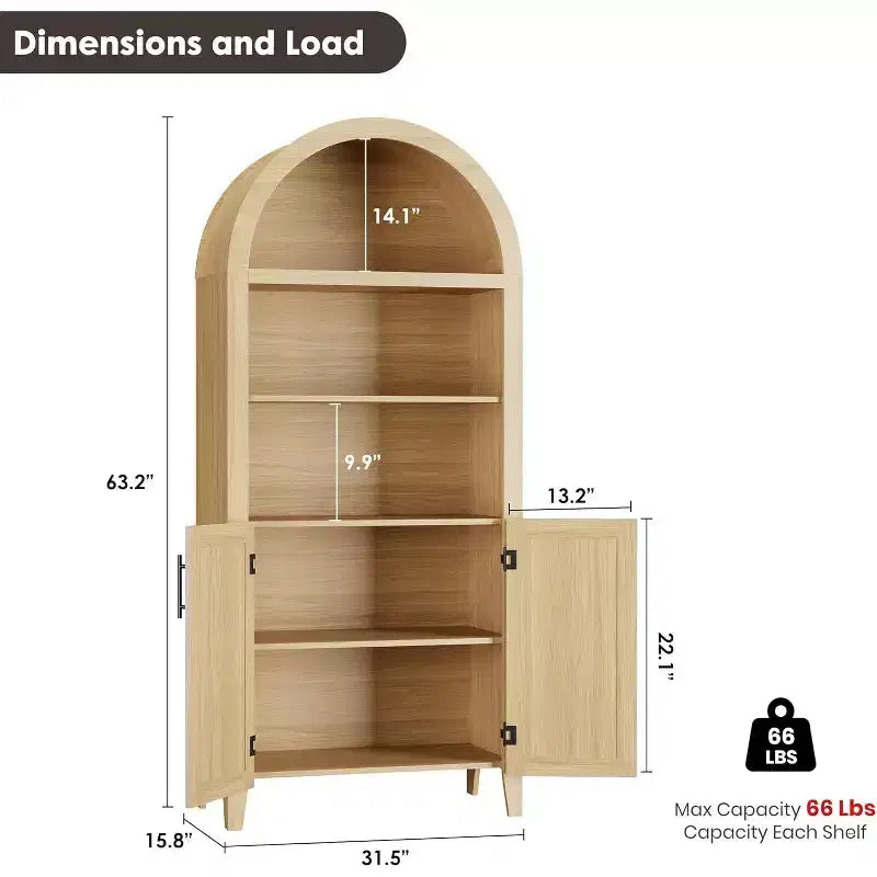 Bibliothèque arquée à 5 niveaux avec portes – Étagère de présentation moderne avec détails en rotin, meuble de rangement pour bureau à domicile, salon ou bibliothèque