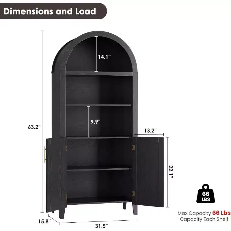 Bibliothèque arquée à 5 niveaux avec portes – Étagère de présentation moderne avec détails en rotin, meuble de rangement pour bureau à domicile, salon ou bibliothèque