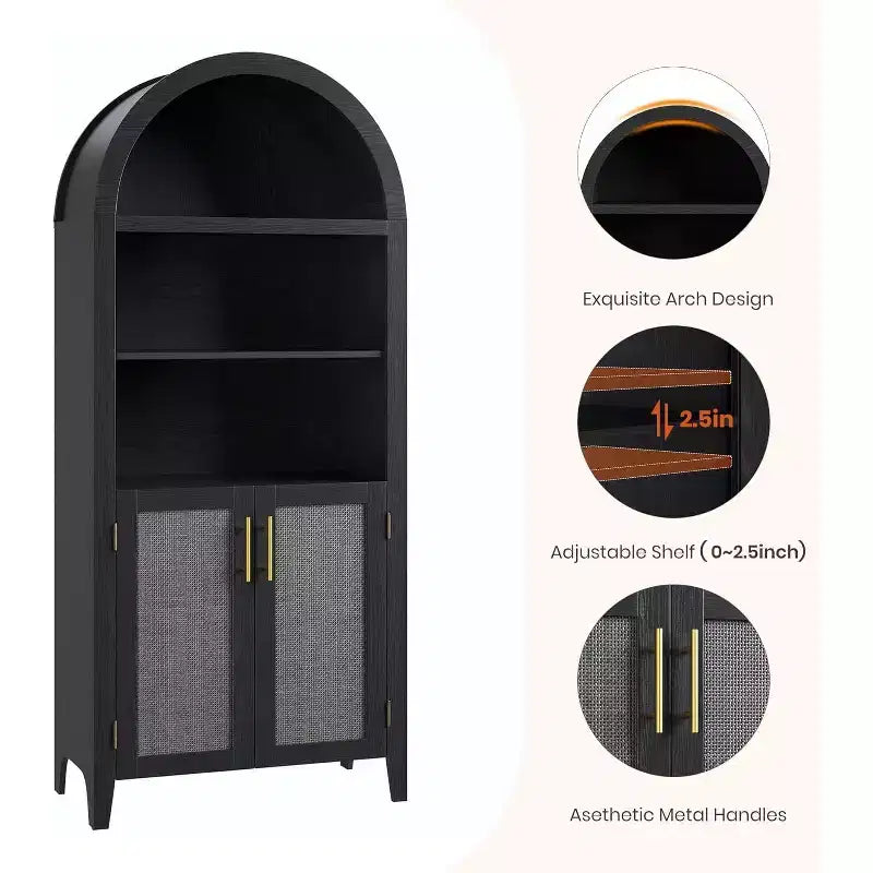 Bibliothèque arquée à 5 niveaux avec portes – Étagère de présentation moderne avec détails en rotin, meuble de rangement pour bureau à domicile, salon ou bibliothèque