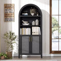 Arched 5-Tier Bookshelf with Doors  Modern Display Shelf with Rattan Details, Storage Cabinet for Home Office, Living Room, or Library