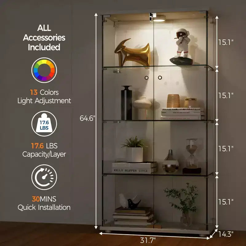 Vitrine à 4 niveaux avec portes vitrées, Meuble de présentation, Bibliothèque-vitrine en verre trempé pour objets de collection, jouets, vin