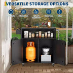 Chariot de service avec rangement, îlot de cuisine en acier inoxydable avec armoire, étagères ouvertes, crochets et porte-épices, chariot de barbecue pour l'intérieur et l'extérieur