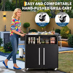 Chariot de service avec rangement, îlot de cuisine en acier inoxydable avec armoire, étagères ouvertes, crochets et porte-épices, chariot de barbecue pour l'intérieur et l'extérieur