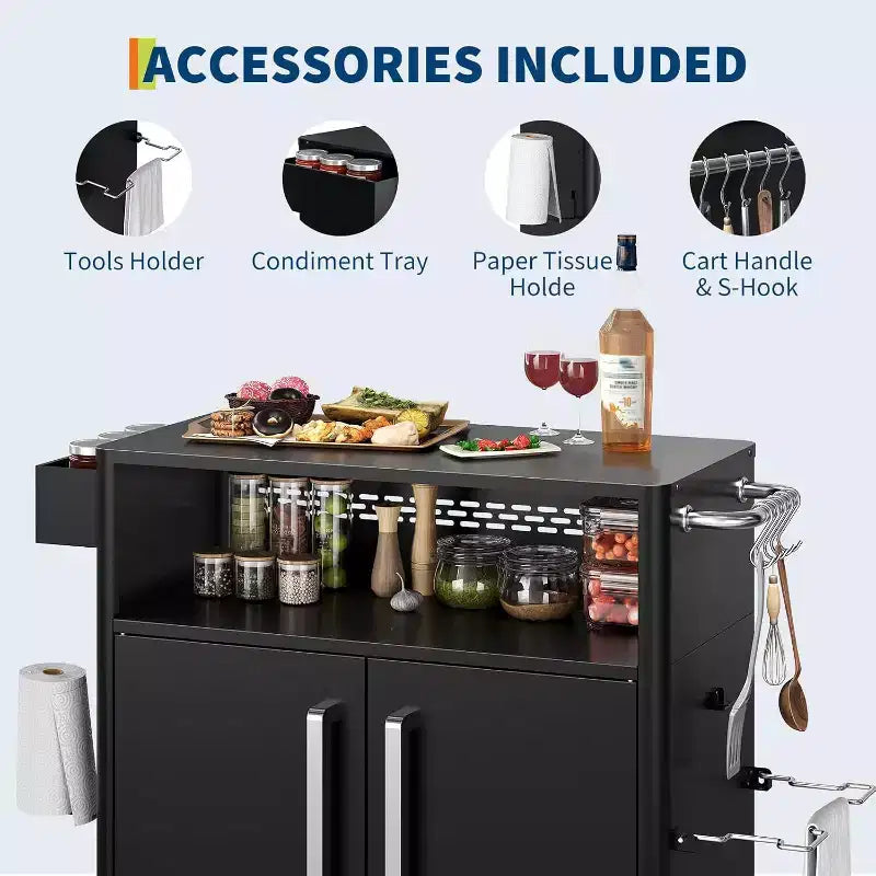 Chariot de service avec rangement, îlot de cuisine en acier inoxydable avec armoire, étagères ouvertes, crochets et porte-épices, chariot de barbecue pour l'intérieur et l'extérieur