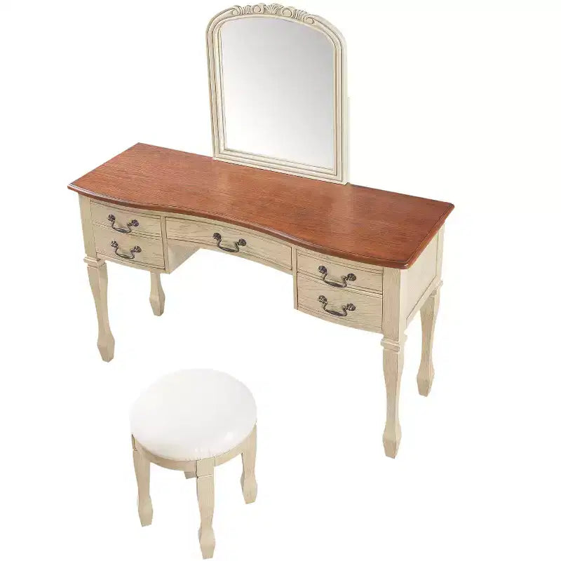 Coiffeuse vintage avec miroir à cadre floral incurvé, 5 tiroirs et tabouret assorti, marron + blanc antique – ModernLuxe