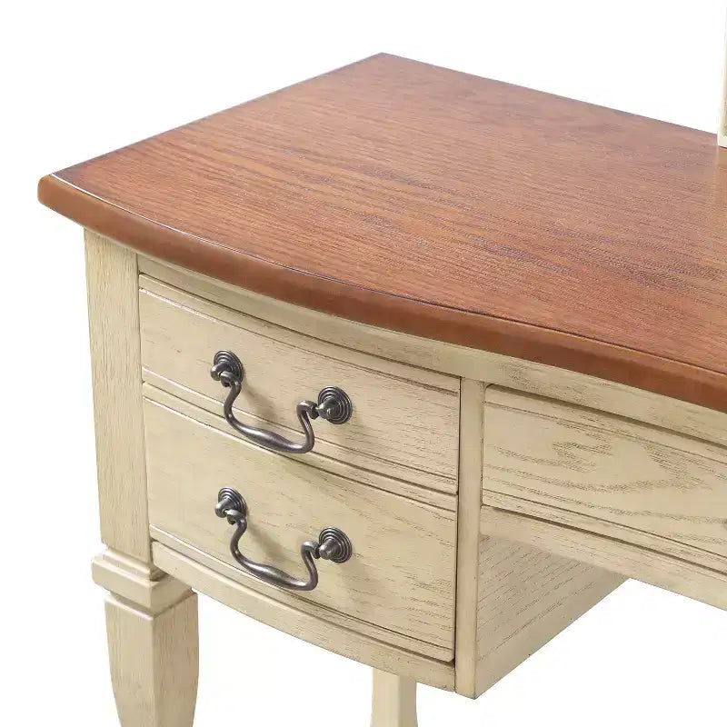 Coiffeuse vintage avec miroir à cadre floral incurvé, 5 tiroirs et tabouret assorti, marron + blanc antique – ModernLuxe